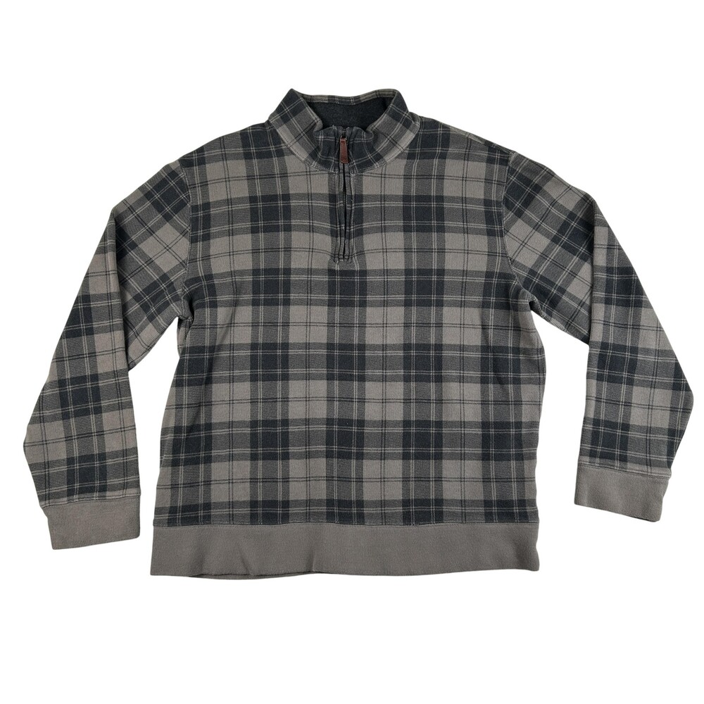 Lands End Sweatshirt Mens Large Gray Plaid 1/4 Zip Fleece Mock Neck Pullover